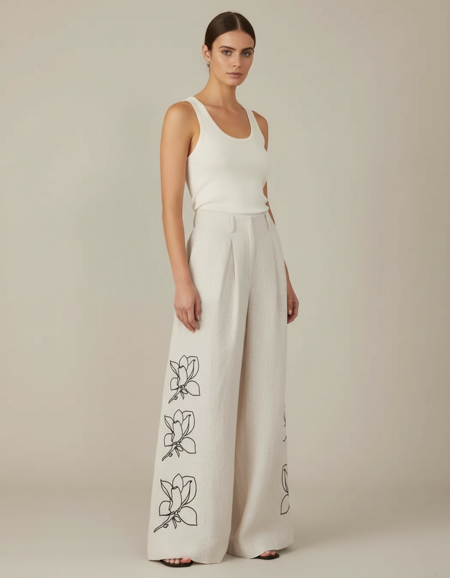 Pantalon Beige Ample Fluide Lin Brodé Floral
