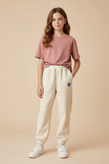Pantalon Beige Côtelé Ample Décontracté Cœur - Cordé