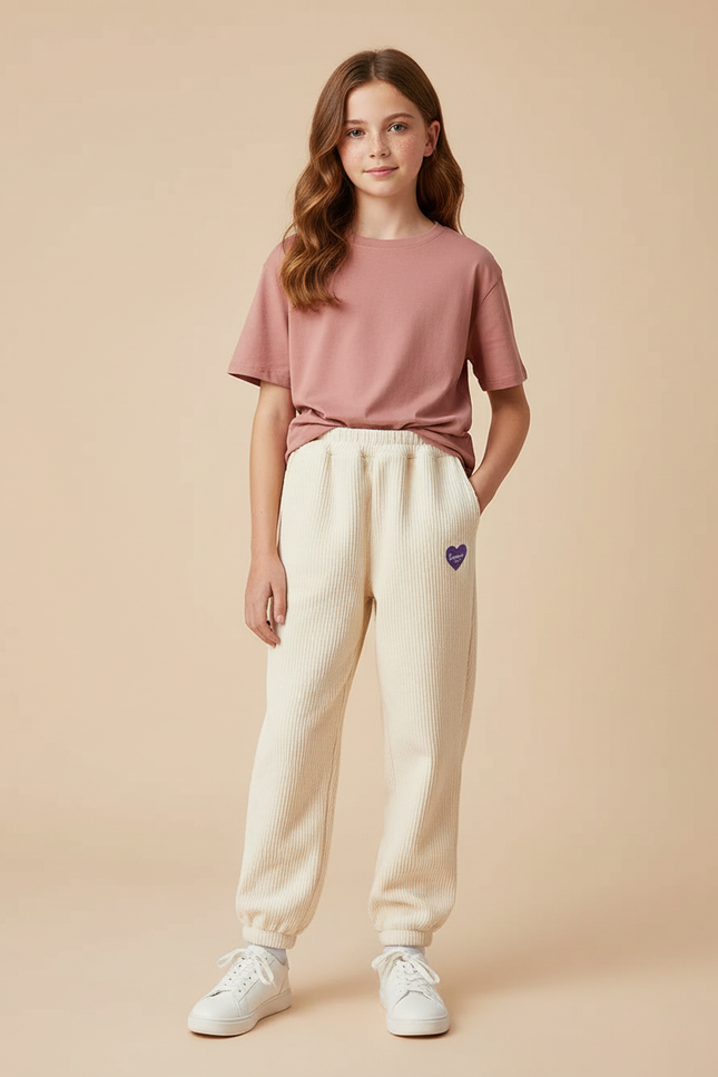 Pantalon Beige Côtelé Ample Décontracté Cœur - Cordé