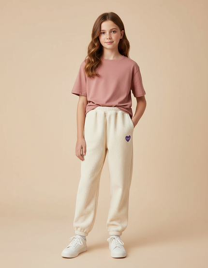 Pantalon Beige Côtelé Ample Décontracté Cœur - Cordé