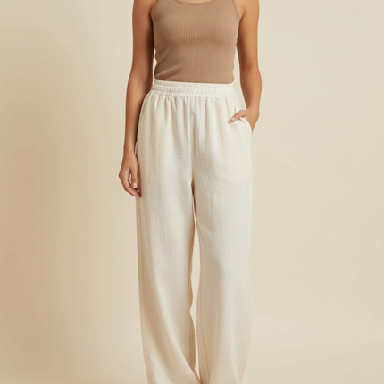 Pantalon Beige Fluide Ample Taille Élastique Femme - Lin