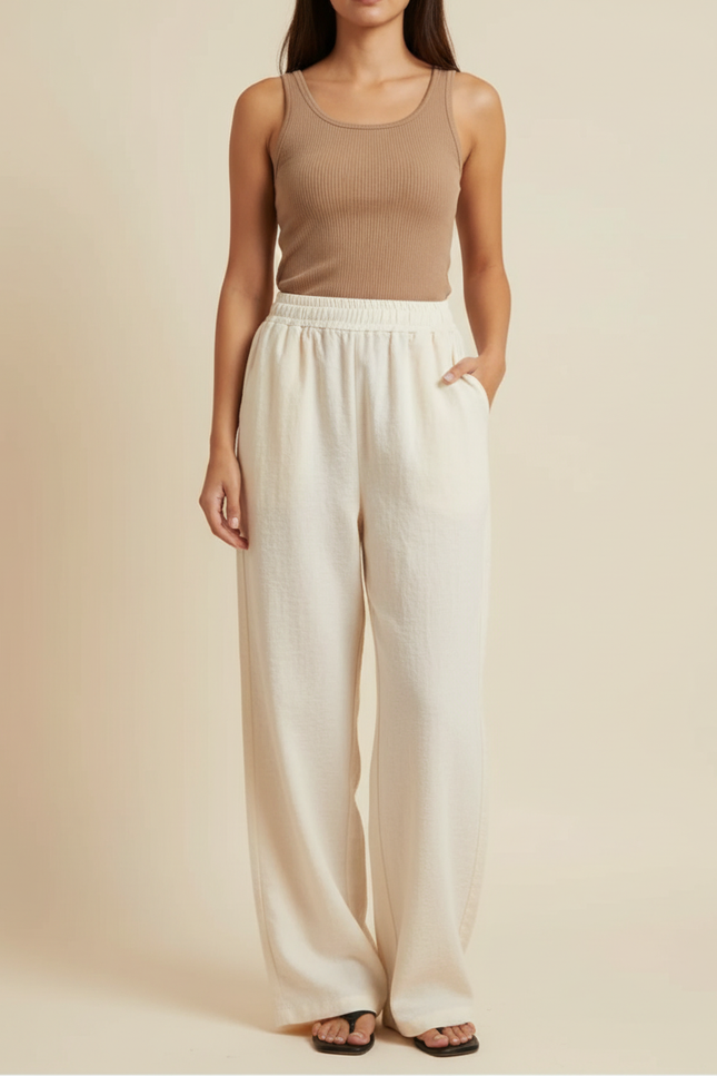 Pantalon Beige Fluide Ample Taille Élastique Femme - Lin