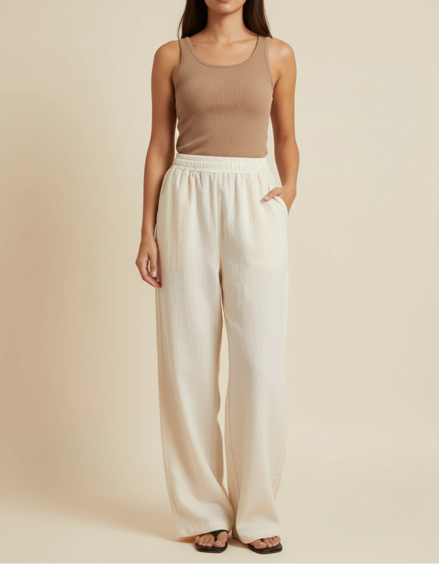 Pantalon Beige Fluide Ample Taille Élastique Femme - Lin