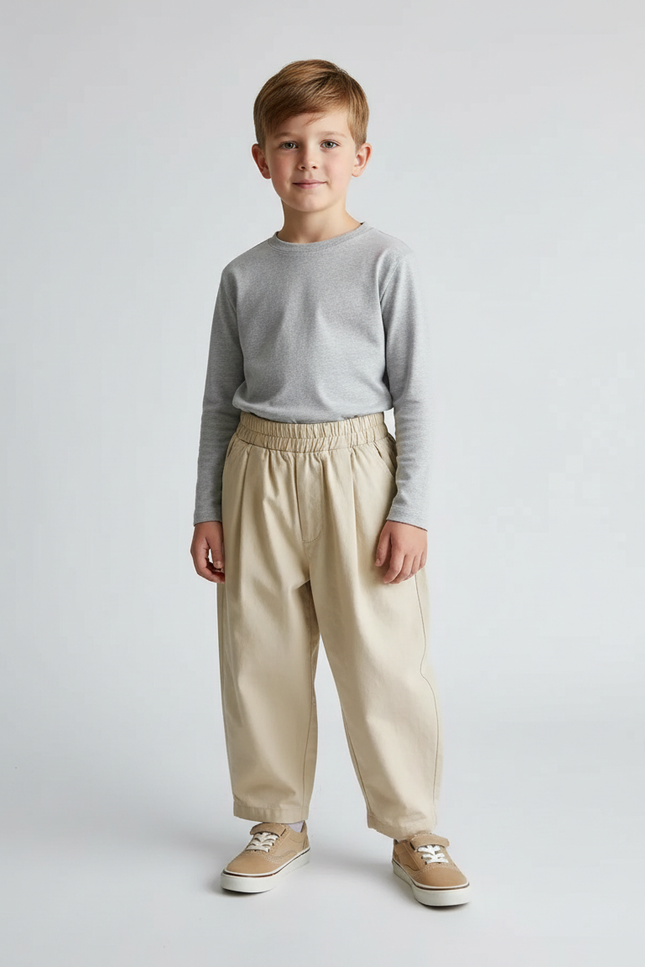 Pantalon Beige Ample Coton Plissé Décontracté Enfant