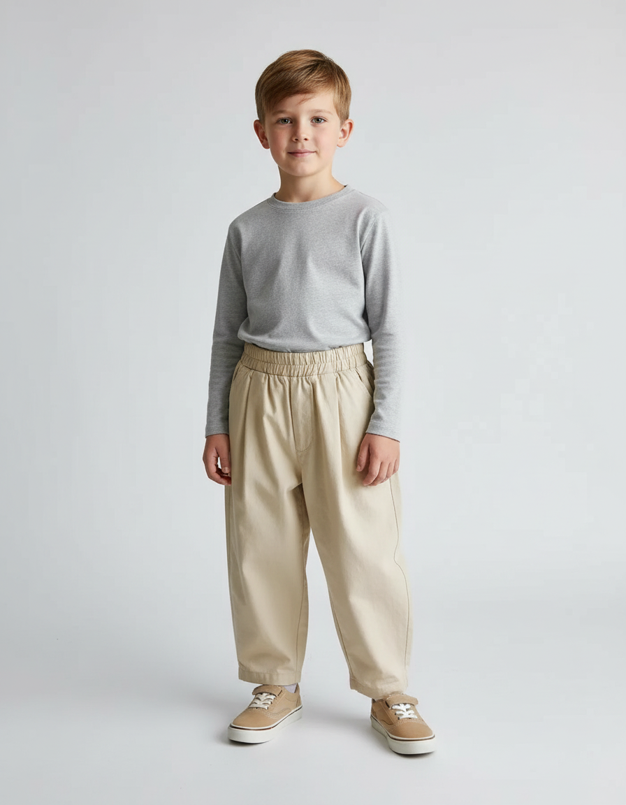 Pantalon Beige Ample Coton Plissé Décontracté Enfant