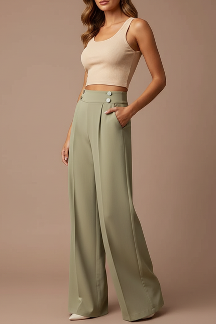 Pantalon Beige Fluide Taille Haute Large Plissé Élégant - Kaki Polyester