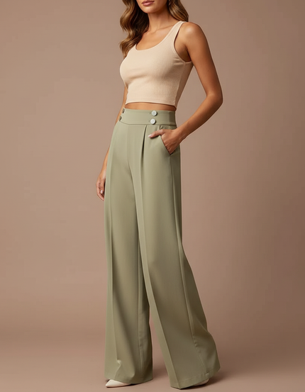Pantalon Beige Fluide Taille Haute Large Plissé Élégant - Kaki Polyester