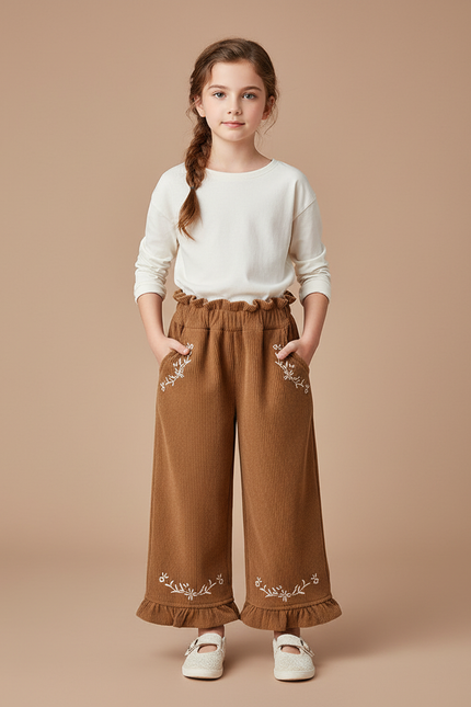 Pantalon Beige Côtelé Brodé Ample Fille Coréen - Marron Cordé
