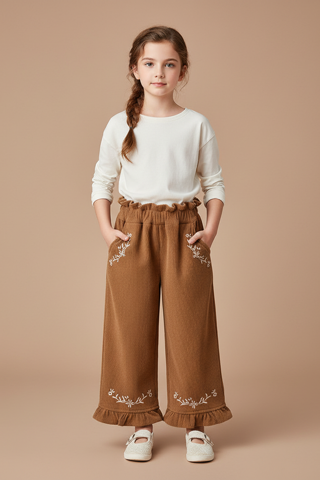 Pantalon Beige Côtelé Brodé Ample Fille Coréen - Marron Cordé