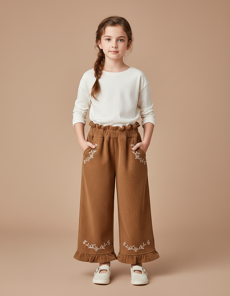 Pantalon Beige Côtelé Brodé Ample Fille Coréen - Marron Cordé