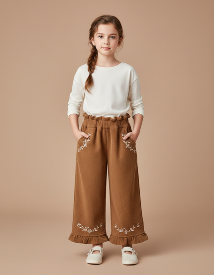 Pantalon Beige Côtelé Brodé Ample Fille Coréen - Marron Cordé