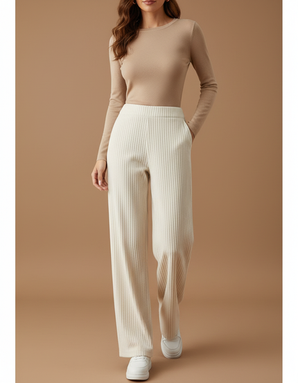 Pantalon Beige Côtelé Ample Décontracté Femme Fluide - Cordé
