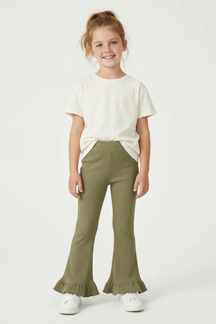 Pantalon Beige Côtelé Volanté Évasé Fille Confortable - Kaki Maille