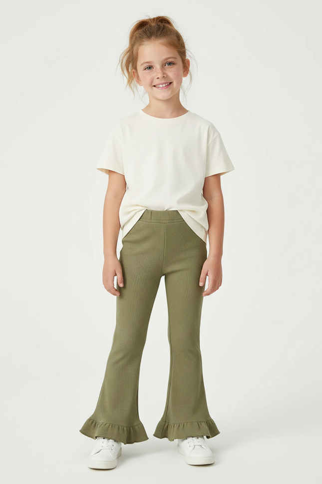 Pantalon Beige Côtelé Volanté Évasé Fille Confortable - Kaki Maille