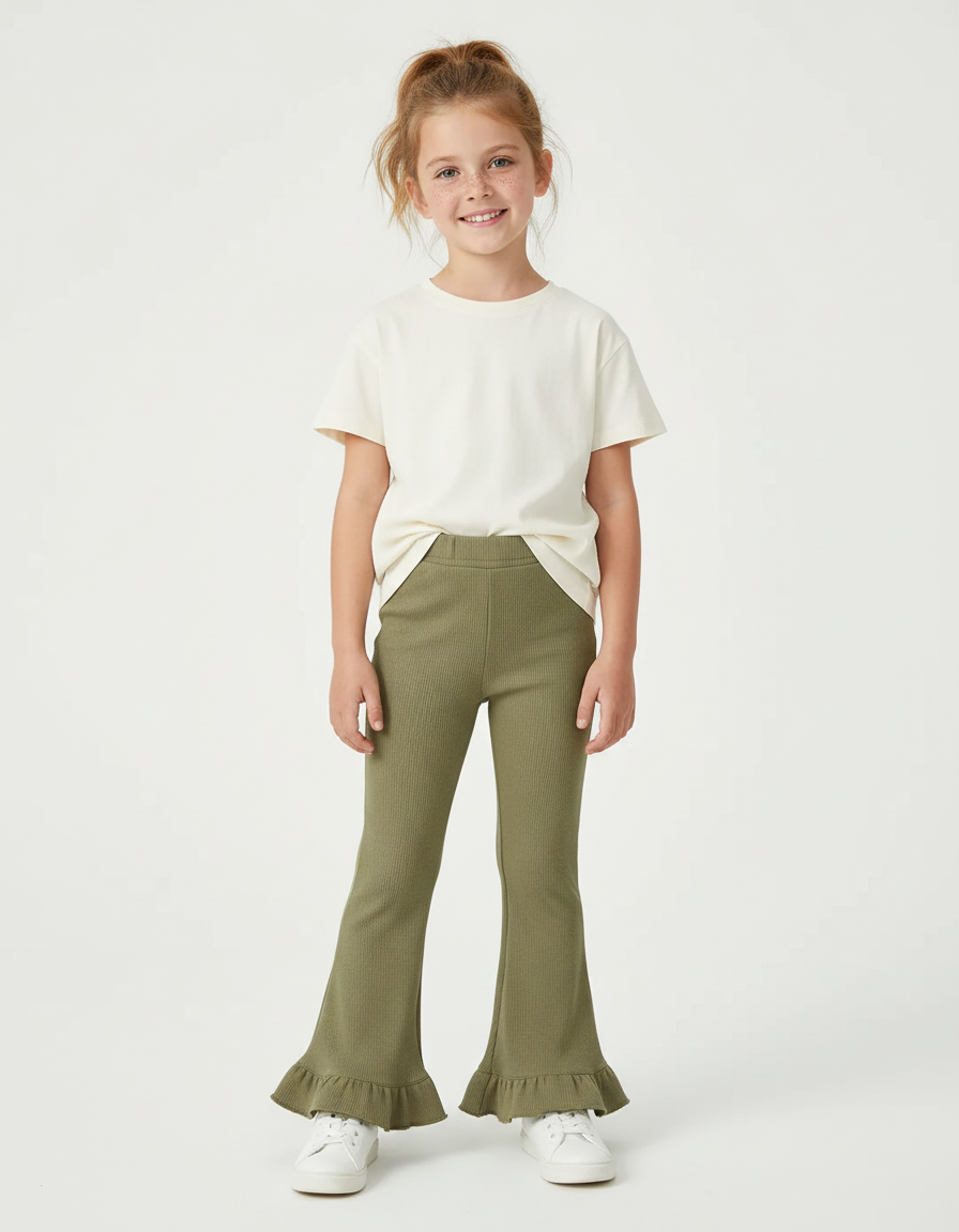 Pantalon Beige Côtelé Volanté Évasé Fille Confortable - Kaki Maille