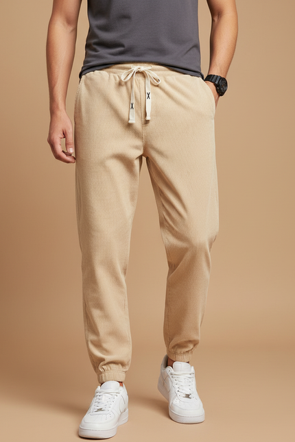 Pantalon Beige Côtelé Homme Décontracté Cordon Élastique - Cordé