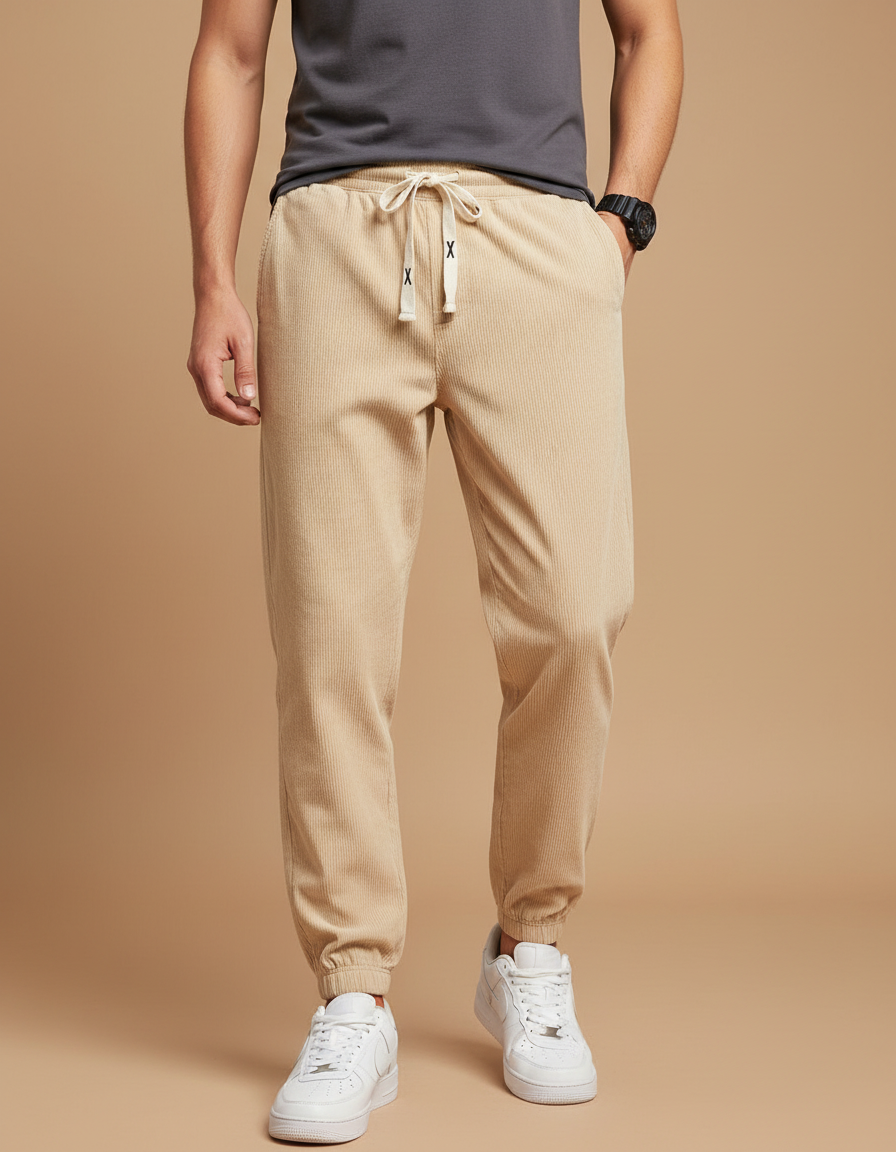 Pantalon Beige Côtelé Homme Décontracté Cordon Élastique - Cordé