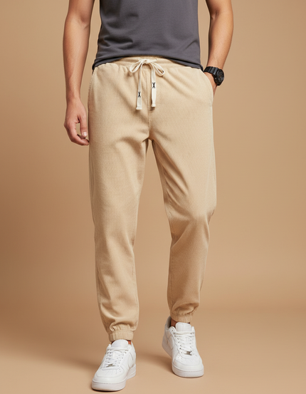 Pantalon Beige Côtelé Homme Décontracté Cordon Élastique - Cordé