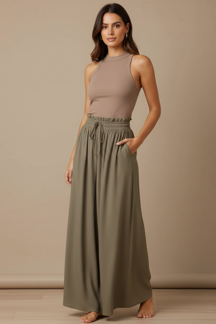 Pantalon Beige Fluide Ample Taille Haute Casual - Kaki Viscose