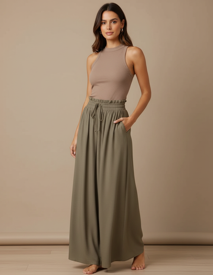 Pantalon Beige Fluide Ample Taille Haute Casual - Kaki Viscose