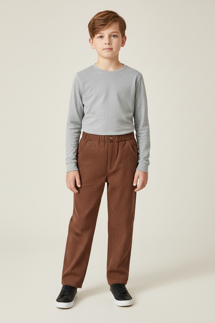 Pantalon Beige Côtelé Droit Garçon Décontracté - Marron Cordé