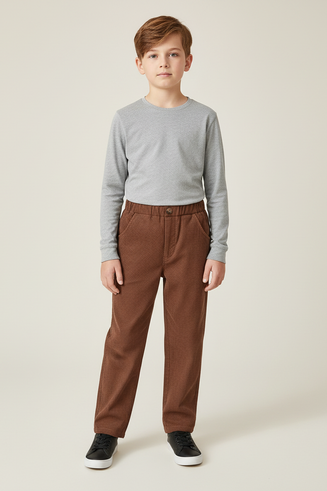 Pantalon Beige Côtelé Droit Garçon Décontracté - Marron Cordé