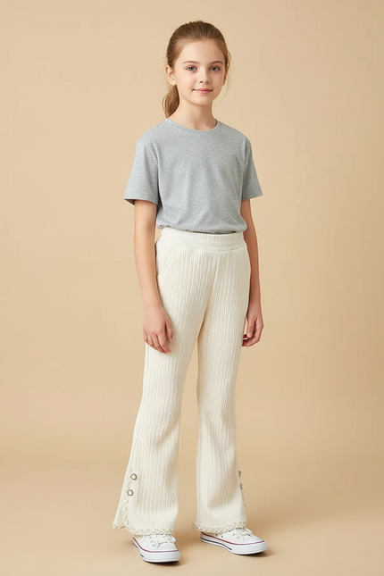 Pantalon Beige Côtelé Évasé Dentelle Fille - Cordé