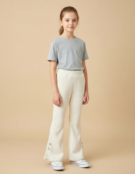 Pantalon Beige Côtelé Évasé Dentelle Fille - Cordé