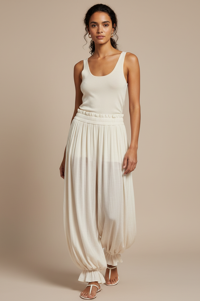 Pantalon Beige Ample Plissé Élastique Confortable Femme - Viscose