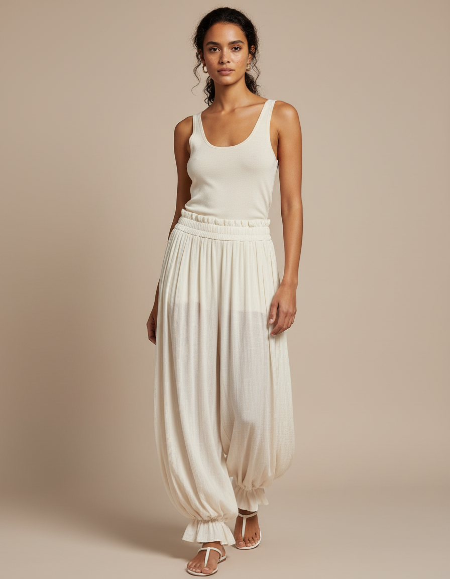 Pantalon Beige Ample Plissé Élastique Confortable Femme - Viscose