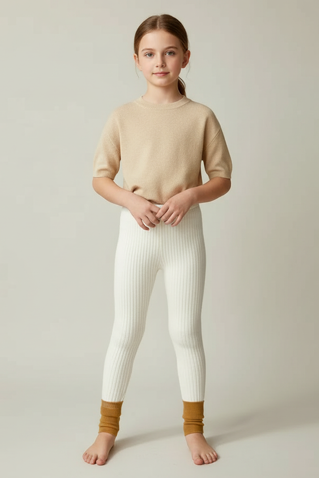 Pantalon Beige Côtelé Enfant Chaud Tricoté - Blanc Maille