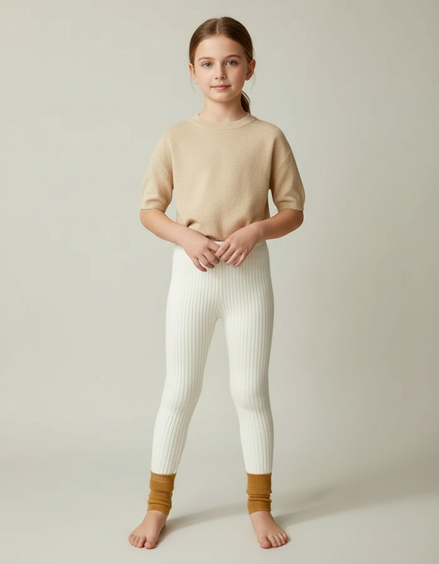 Pantalon Beige Côtelé Enfant Chaud Tricoté - Blanc Maille