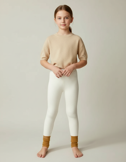 Pantalon Beige Côtelé Enfant Chaud Tricoté - Blanc Maille