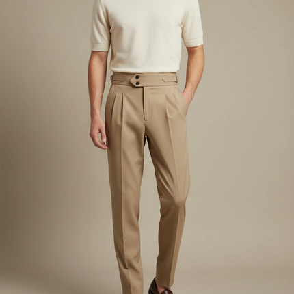 Pantalon Beige Homme Pli Taille Haute Élégant - Gabardine