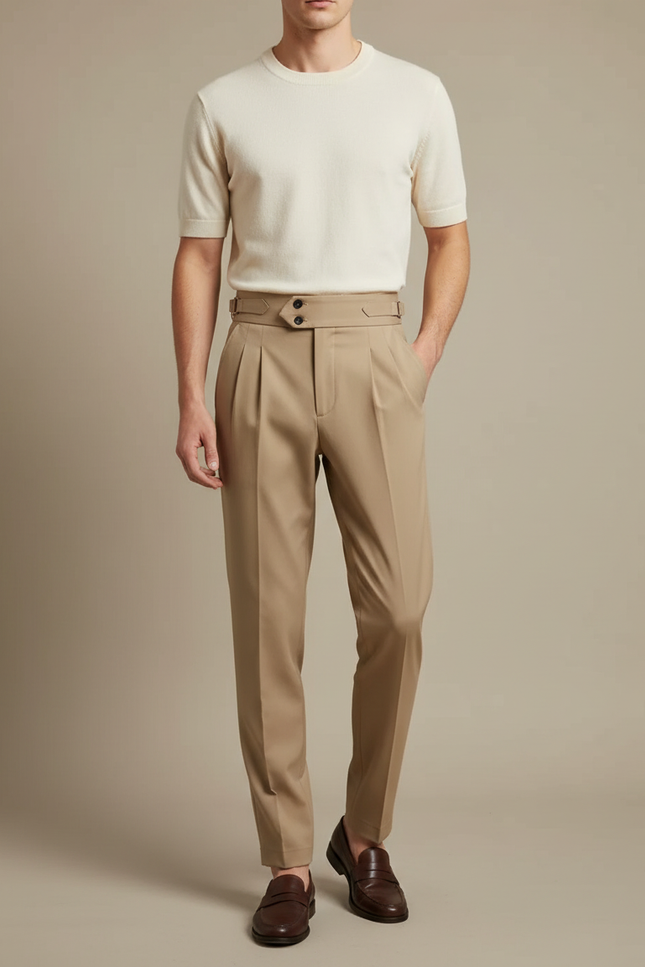 Pantalon Beige Homme Pli Taille Haute Élégant - Gabardine