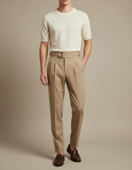 Pantalon Beige Homme Pli Taille Haute Élégant - Gabardine