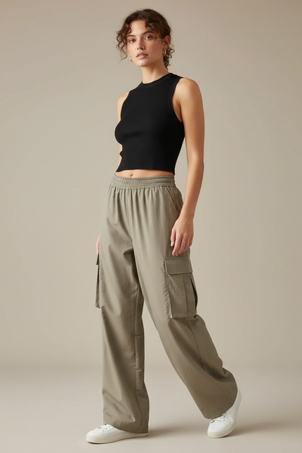 Pantalon Beige Cargo Ample Taille Élastique Décontracté - Kaki Polyester