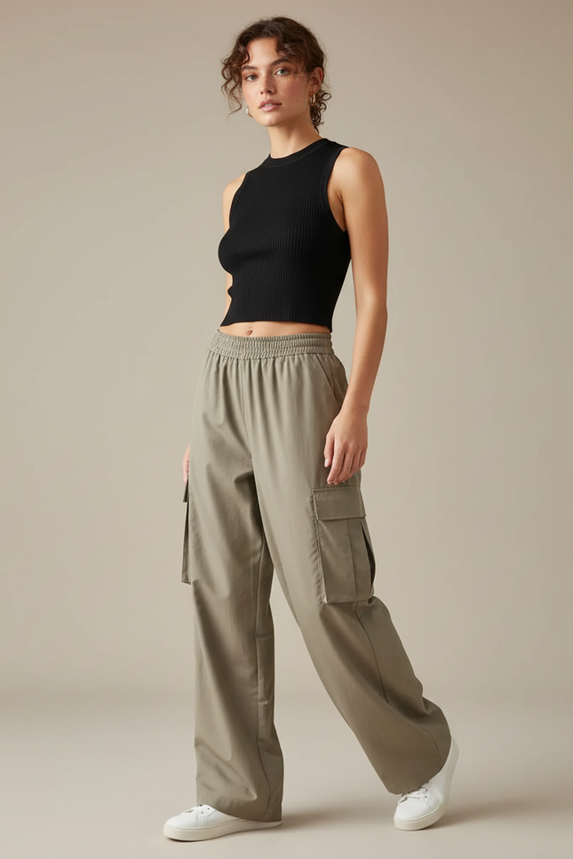 Pantalon Beige Cargo Ample Taille Élastique Décontracté - Kaki Polyester