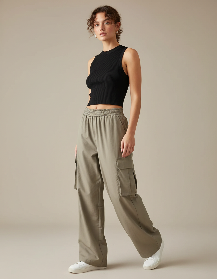Pantalon Beige Cargo Ample Taille Élastique Décontracté - Kaki Polyester
