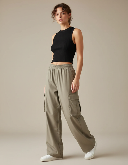 Pantalon Beige Cargo Ample Taille Élastique Décontracté - Kaki Polyester
