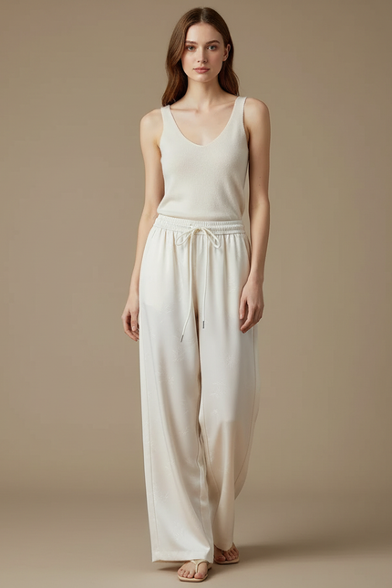 Pantalon Beige Fluide Ample Jacquard Soie Élégant