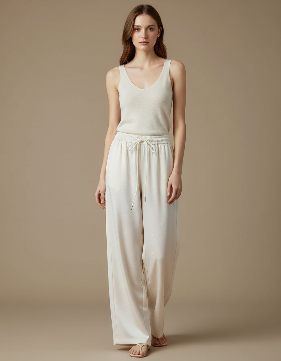 Pantalon Beige Fluide Ample Jacquard Soie Élégant