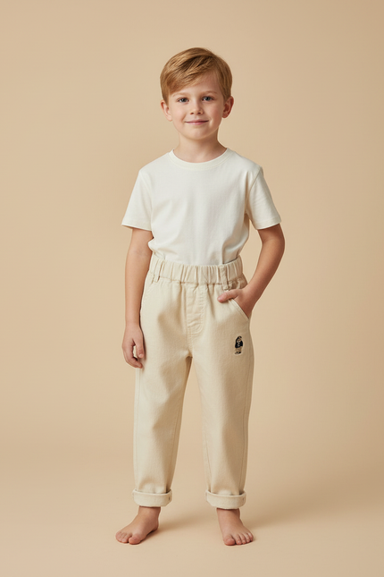 Pantalon Beige Coton Brodé Ourson Décontracté Enfant