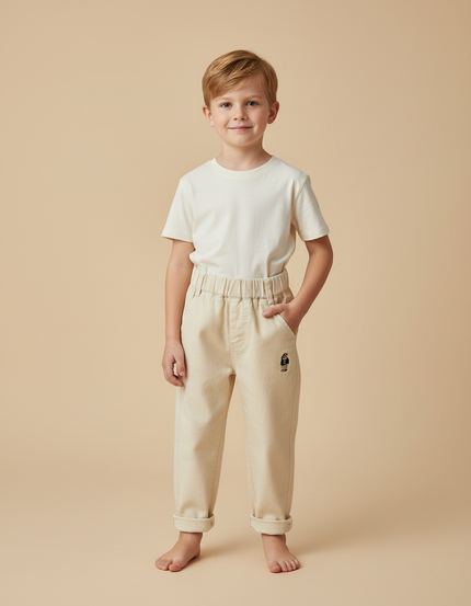 Pantalon Beige Coton Brodé Ourson Décontracté Enfant