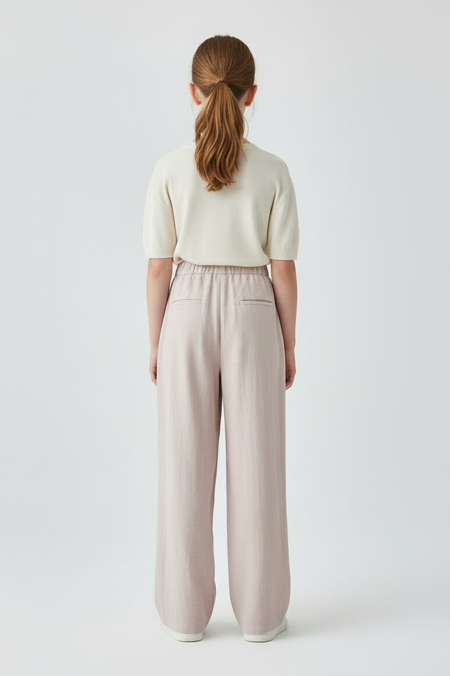 Pantalon Beige Ample Fluide Enfant Coton Plissé - Rose Lin - vue 2