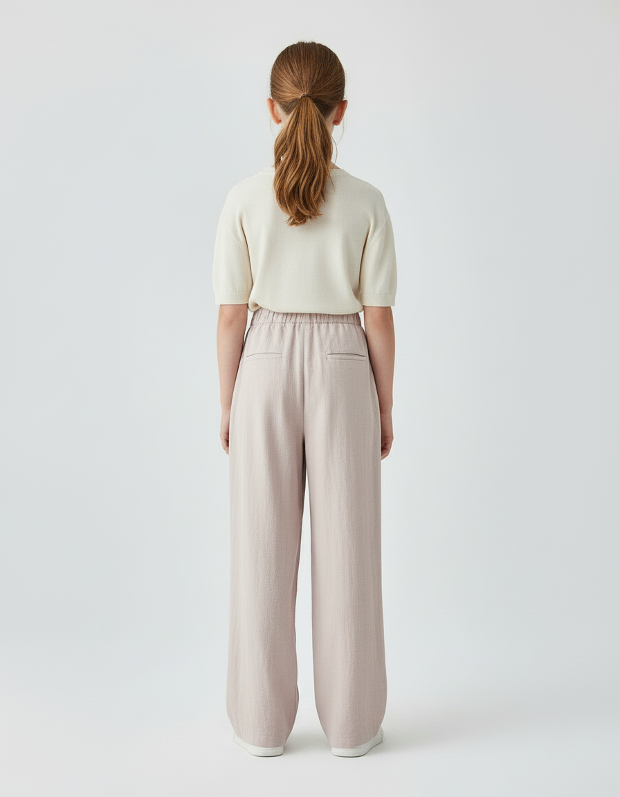 Pantalon Beige Ample Fluide Enfant Coton Plissé - Rose Lin - vue 2