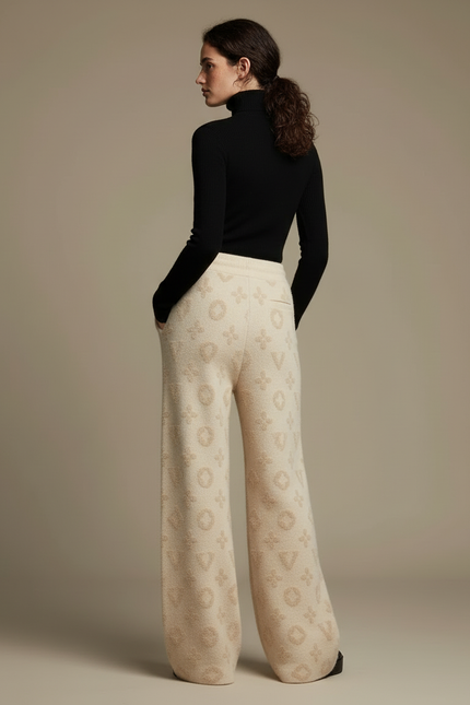 Pantalon Beige Tricoté Ample Motif Monogramme Décontracté Femme - Molleton - vue 2