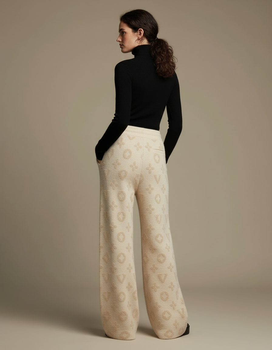 Pantalon Beige Tricoté Ample Motif Monogramme Décontracté Femme - Molleton - vue 2