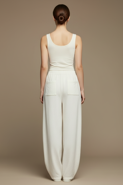 Pantalon Beige Ample Lin Élastique Femme Chic - Blanc - vue 2