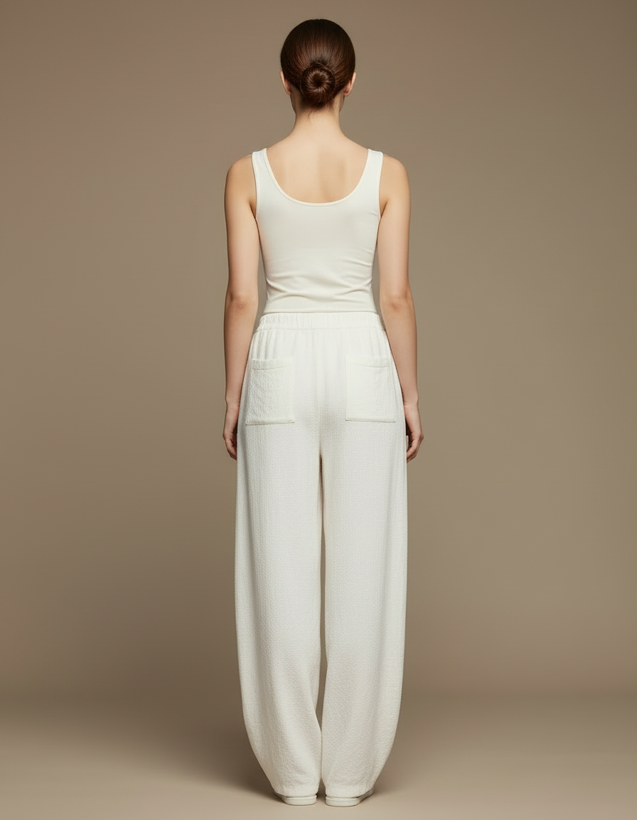 Pantalon Beige Ample Lin Élastique Femme Chic - Blanc - vue 2